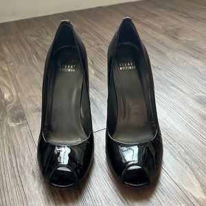 Stuart Weitzman logoflame black patent peep toe heel pumps